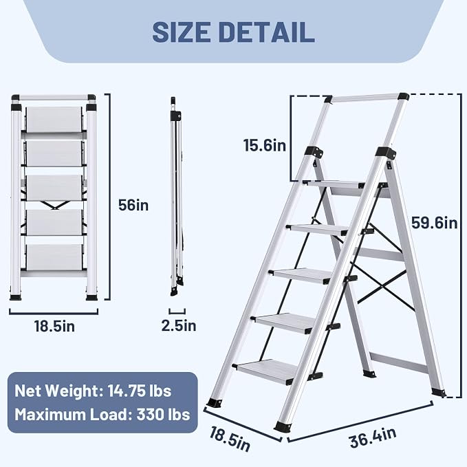 5 Step Ladder, Aluminum Folding Stool with Retractable Handgrip | 330 lbs Heavy Duty | Slim 2.5" Fold | Removable Tool Tray | Non-Slip Pedals | For Tall Cabinets, Ceiling Cleaning & Garage - Image 6