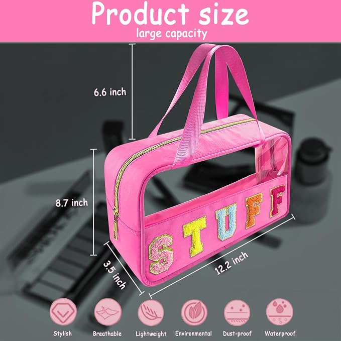 Bunliuys Chenille Letter Clear Makeup Bag Stuff Patch, Travel Toiletry Makeup Bag with Handle, Nylon Waterproof Makeup Bags clear cosmetic bag, preppy patch makeup bag for Women (STUFF-Hot Pink) - Image 2