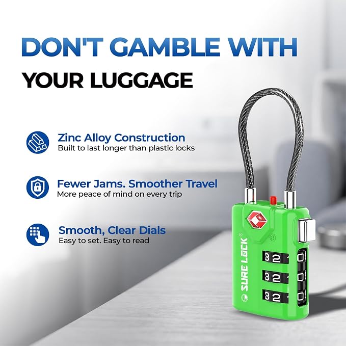 SURE LOCK TSA Approved Luggage Locks with Open Alert Indicator, 3 Digit Combination Cable Travel Lock for Suitcase, Backpack, Gym Locker, Toolbox & Travel Bag（Green 2 Pack - Image 5