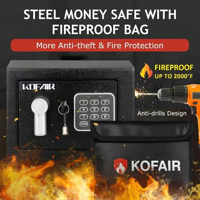 KOFAIR Safe Box for Home Safe (0.23 Cubic Feet) with Fireproof Bag, Personal Money Safe for Cash Saving, Mini Safe Box with Key, Digital Safety Box with Light, Money Lock Box - Image 2