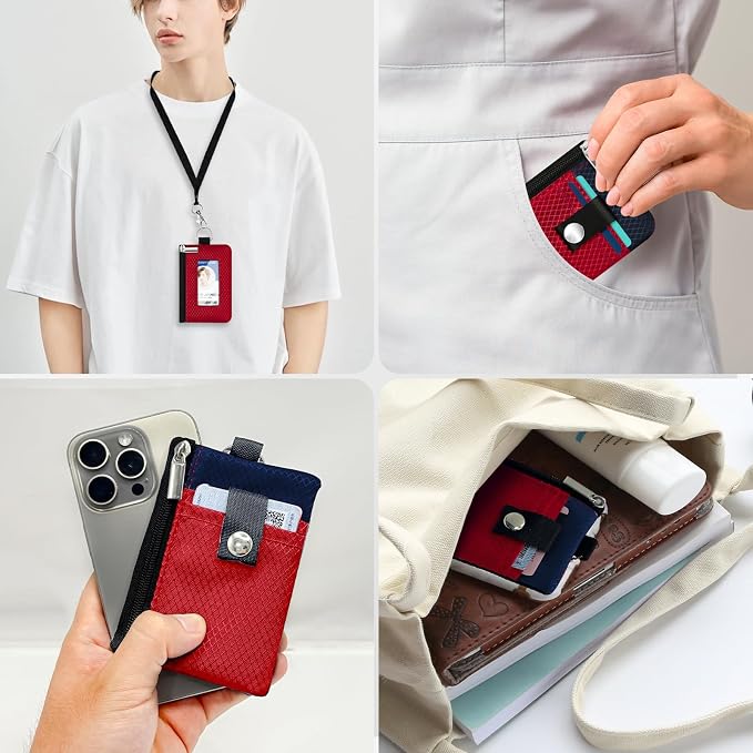 Minimalist RFID Blocking Small Wallet with ID Window,WaterResistant Zip Id Case Wallet with Lanyard Keychain for Cards,Cash,Travel,Women,Men (Red/Dark blue) - Image 9