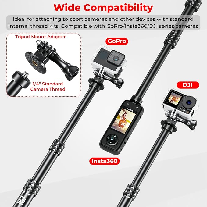 VAZESWIN Aluminum Alloy Motorcycle Camera Mount Kit for GoPro Insta360 DJI | Anti-Theft, 360° Rotation Heavy-Duty Bike Handlebar Clamp Mount with Extendable Selfie Stick for Motorcycle Bike ATV UTV Jeep - Image 3