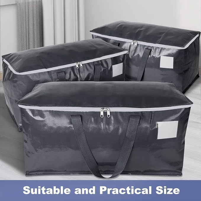 StorageRight Heavy Duty Moving Boxes-Moving Bags with Zipper, Reinforced Handles and Tag Pocket-Collapsible Moving Supplies-Totes for Storage Great for Moving, Storage and Travel 93L(Gray-8 Pack) | Heavy Duty Storage Bins with Lids, Zipper, Reinforced ... - Image 4