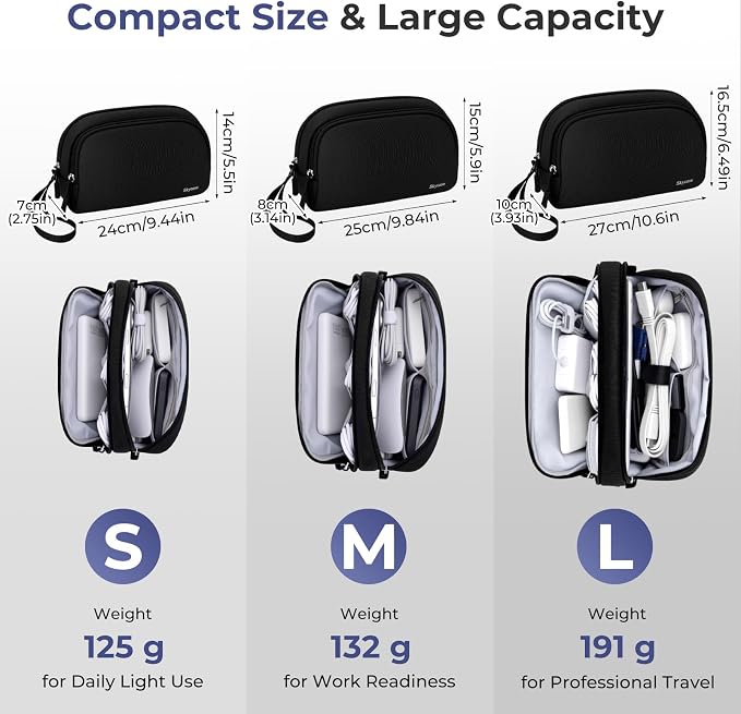 Skycase Travel Cable Organizer - Lightweight Water Resistant Dual-Layer Tech Pouch with Wrist Strap 9 Compartments Electronic Organizer Travel Case for Charger Cord Hard Drive,Small,Black - Image 3