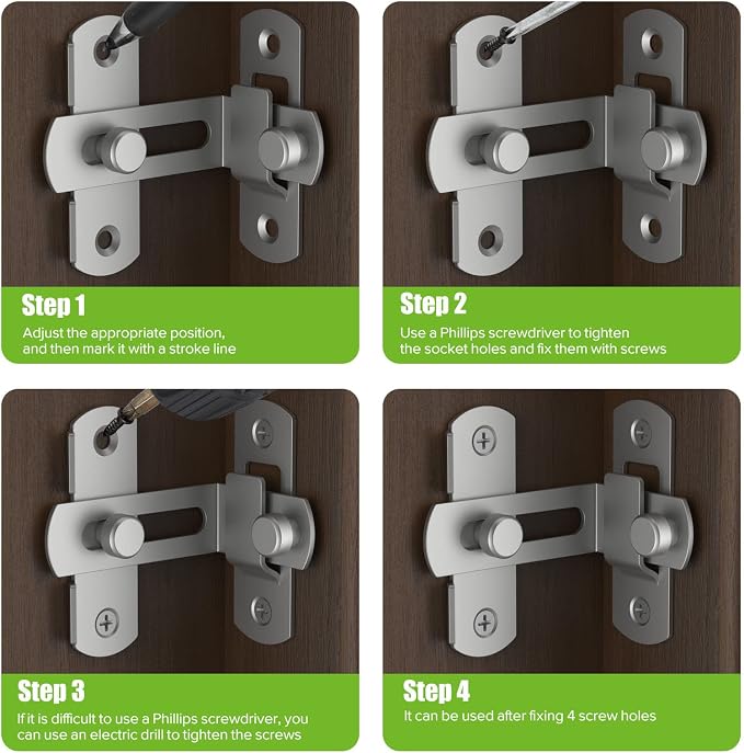 Barn Door Lock, 90 Degree Bifold Flip Door Latch, Silver-2PCS | Stainless Steel Angle Latch Lock for Barn, Bathroom, Outdoor, Garage - Image 5
