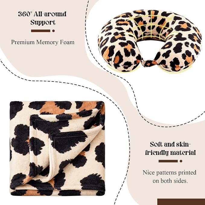 HunnmingRe 5 Pcs Travel Pillow and Blanket Set, 5 in 1 Travel Airplane Compact Includes 40 x 60 Inch Throw Blanket Eye Mask Neck Pillow Earplug and Bag Gifts for Travelers Women(Leopard Print,Brown) - Image 3
