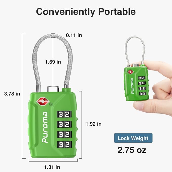 Puroma 2 TSA Approved Luggage Locks 4 Digit Code Cable Lock Basic Green | Resettable, Flexible Cable, Zipper holes, Zinc Alloy, Bright Color, Large White Numbers, Suitcase Train Travel, laptop bag - Image 3