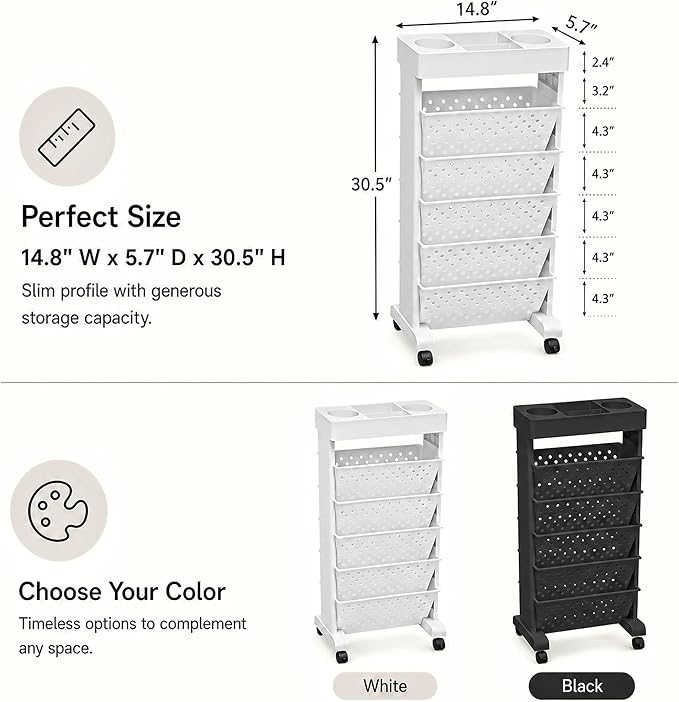 6-Tier Rolling Bookshelf Magazine Rack with Wheels White | Mobile Bookcase, Book Storage File Folder Organizer Cart for Home Study Office Living Room Classroom - Image 3