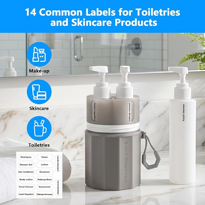 4 in 1 Travel Dispenser Bottles, TSA Approved Leak Proof Refillable Toiletry Containers with Vacuum Suction Cup for Smooth Walls, Portable Empty Bottle Set for Shampoo Conditioner Body Wash - Image 6