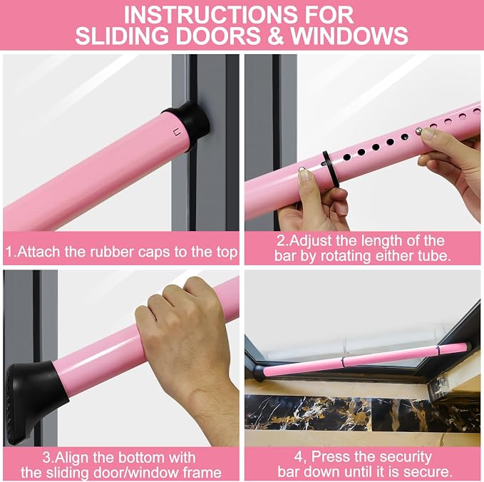 Rerishom 2 Pack Door Security Bar, Heavy Duty Door Stopper Jammer, Pink | Locking Security Bar for Door, Adjustable Home Security Barricade for Apartment, Hotel Room and Screen Door - Image 7