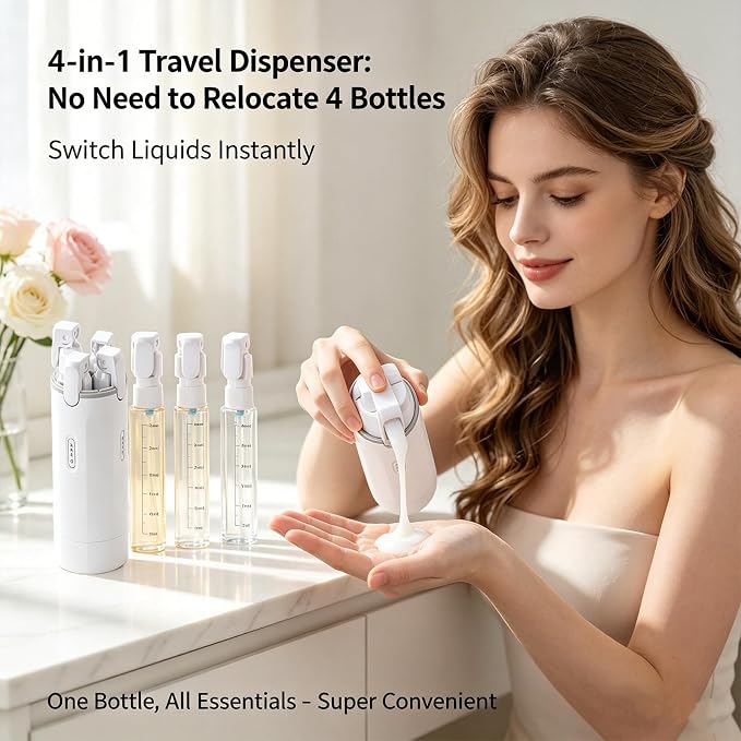4 in 1 Travel Dispenser Bottle, One-Press No Squeeze Toiletries Set | TSA Approved 4x30ML Leakproof Travel Containers, Refillable Shampoo Lotion Bottles with Labels & Scale, Cream 1White - Image 4