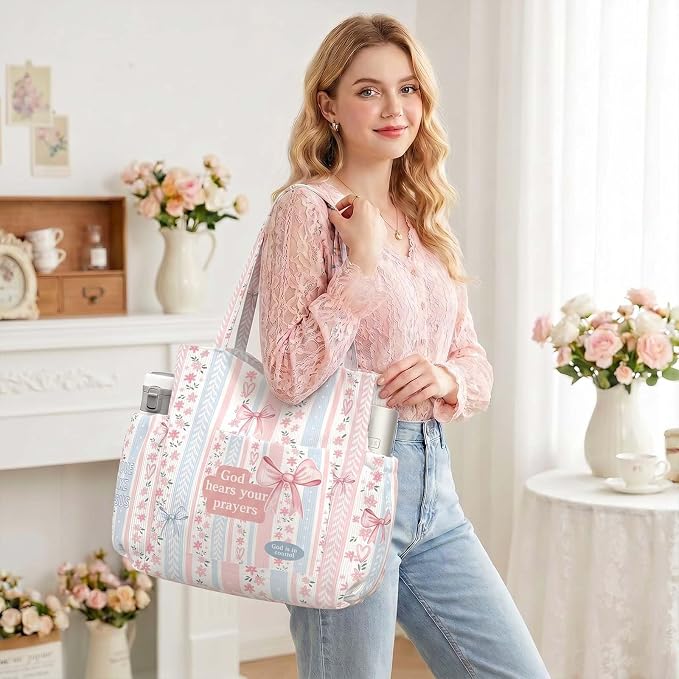 Corduroy Tote Bag for Women,Large Capacity Cute Tote Bags With 6 Pockets,Crossbody Shoulder Handbag for Work Travel Gym - Image 3