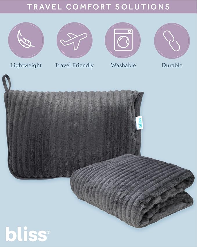 Bliss Faille Travel Pillow & Blanket Set, 2-in-1, Compact | Smooth Textured Fabric Feels Soft Against Skin, Packs Down Small for Flights or Camping, Machine-Washable Cover for Easy Care - Image 2