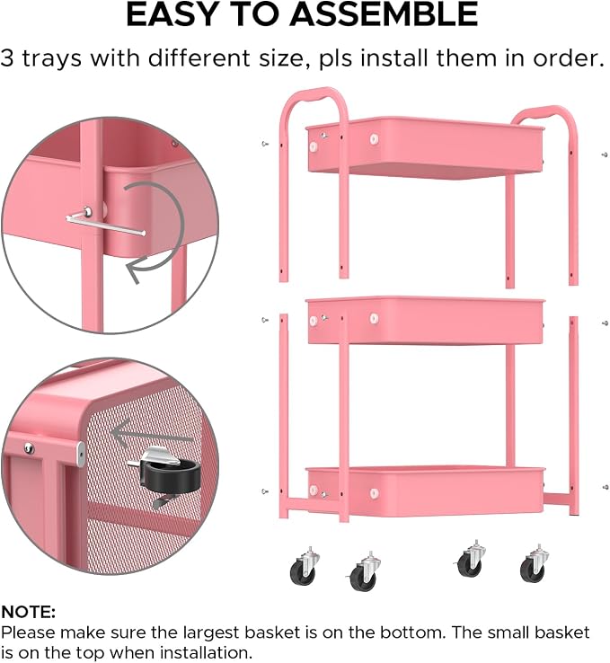 MAX Houser 3-Tier Rolling Utility Cart with Caster Wheels,Easy Assembly, for Kitchen, Bathroom (Pink) | Easy Assembly, multi-purpose storage trolley for kitchen, rolling cart with smooth caster wheels for bathroom - Image 7