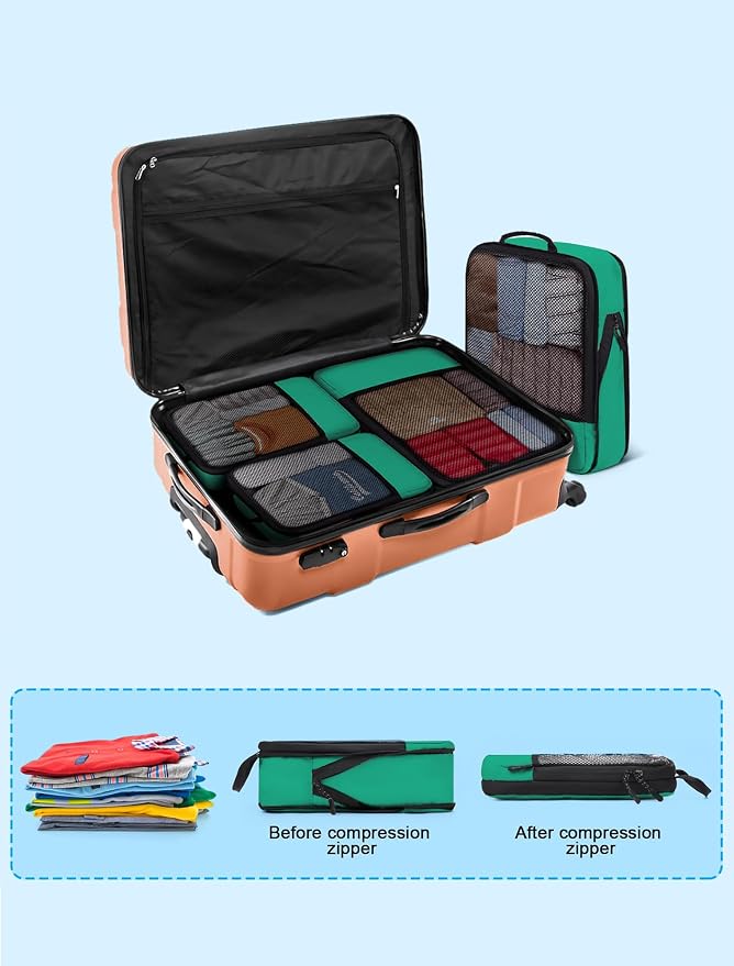 4 PCS Set Compression Packing Cubes for Travel, Lightweight Packaging Organizer Bags for Carry On Space Saving, Travel Essentials Cubes for Suitcase Backpack, Green - Image 6