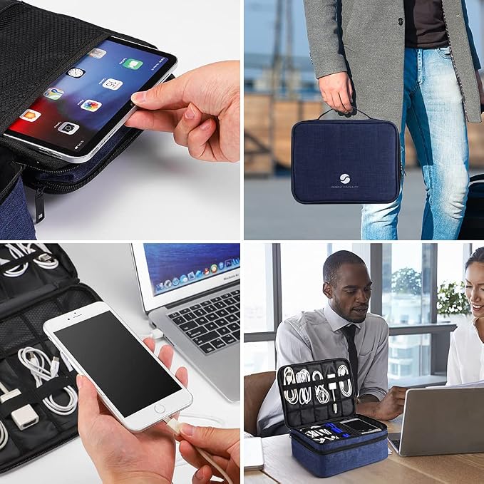 Travel Electronics Organizer, Waterproof Cable Organizer Bag for Electronic Accessories Double Layer Large Shockproof Cable Storage Bag for Cord, Power Bank, Tablet(Up to iPad 11 inch) - Royal Blue - Image 6