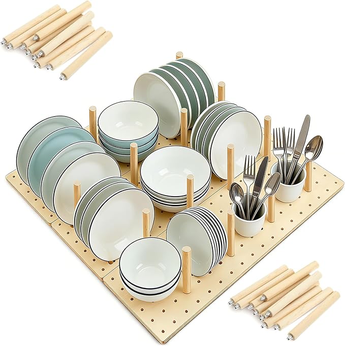 Wooden Pegboard Drawer Organizer for Kitchen - 3 Pack Adjustable Drawer Organizer with 24 Pegs Wooden, Drawer Organizer Kitchen Utensils, Wood Drawer Organizers for Kitchen Countertops & Deep Drawe by Unknown