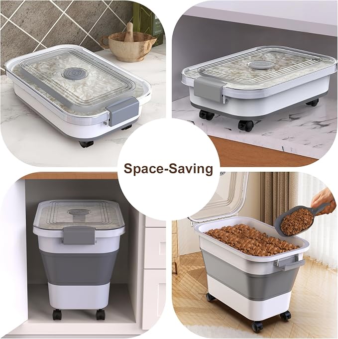 Rice Storage Container, Collapsible Airtight Food Storage Containers 20-30lbs with Clear Lid and Wheels, Rice Dispenser with Scoop for Flour Cereal Pasta Grain, Cat Pet Bird Dog Food Storage Container - Image 7