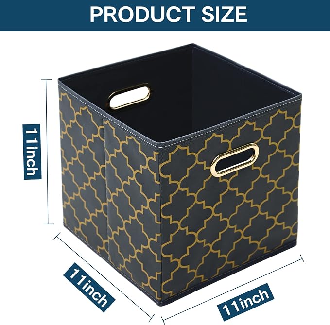 Fabric storage bins Cubes, Fabric Cube Organizer with Handle, Foldable Cube Bins for Cloth or Accessary Storage, 11x11x11, Set of 3, (Grey Gold) - Image 2