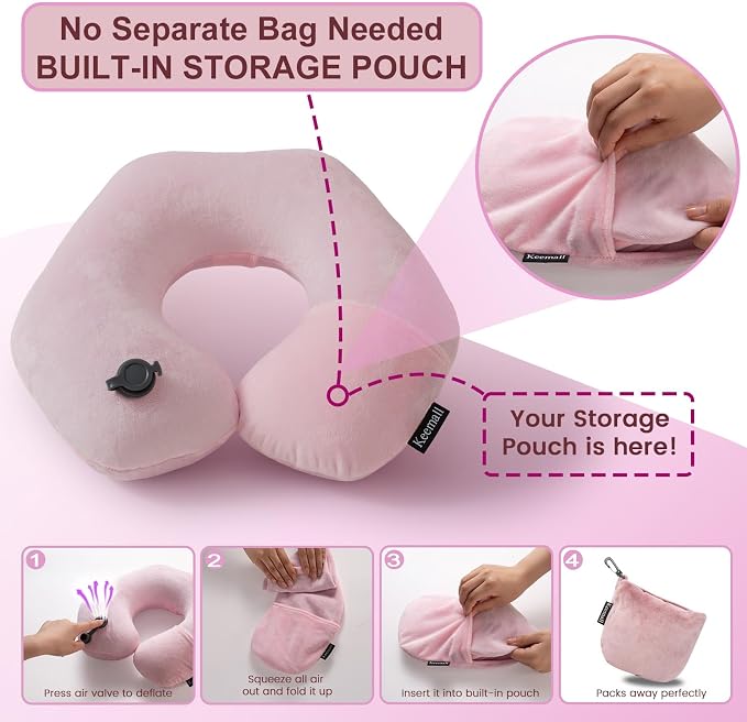 Keemall Inflatable Travel Neck Pillow for Airplane to Relieve Neck Pain | U-Shaped with Soft Washable Cover,Ergonomic Cervical Support for Flights, Car, Home, Camping&Office Naps, Gift for Women,Pink - Image 4