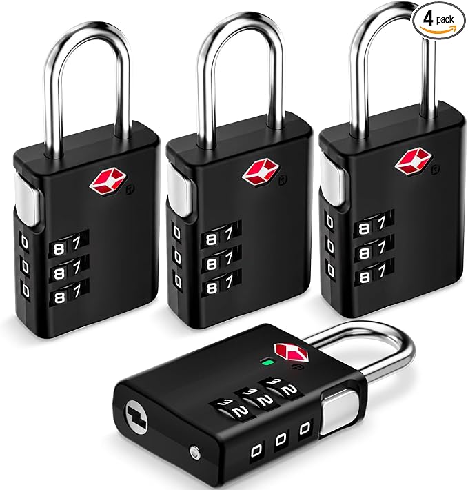 LUGGEX TSA Locks for Luggage, Luggage Locks TSA Approved (Black,4) | One-Button Reset & Cut-Resistant Combination Lock in Gift-box, Gym Lock & Suitcase Lock for Travel,Bag,Case by LUGGEXLUGGAGE