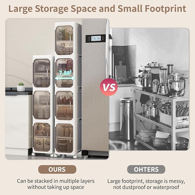 4 Tier Slim Bathroom Storage Cabinet, Foldable and Movable, White | Tools Free, ABS and PET, Magnetic Clear Door, Adjustable Shelves, Lockable Wheels, Water Resistant, For Narrow Space - Image 4