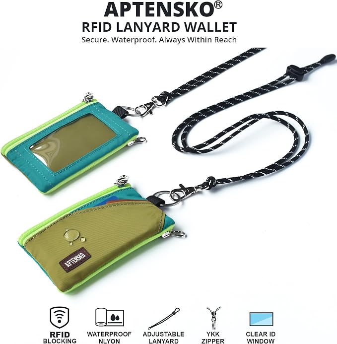 RFID Blocking Travel Wallet with Adjustable Lanyard, Small Nylon Zipper Pouch and Badge Holder for ID, Credit Cards, Cash, Keys, Commuters (OliveGreen+Turquoise) - Image 2