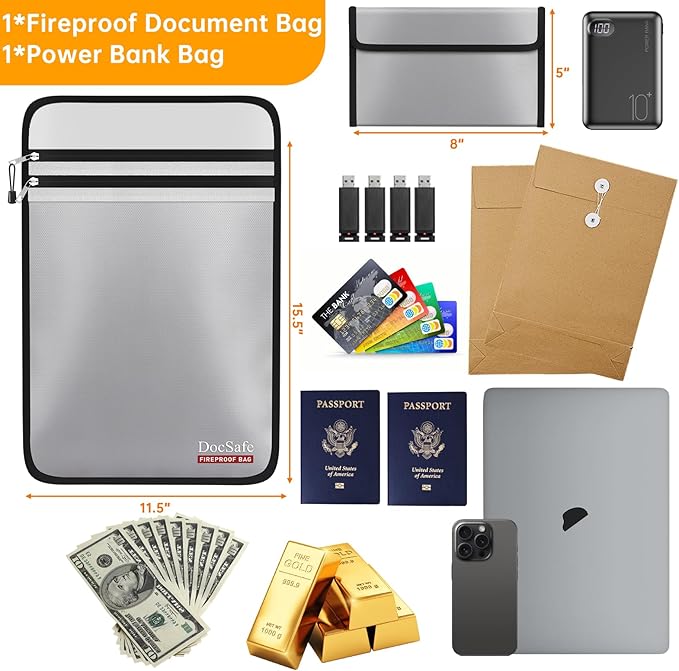 DocSafe Fireproof Document Bag (5200℉) with Fireproof Organizer Travel Case,Heat Insulated Fire＆Water Resistant 8 Layers Safe Money Bag Storage for Important Documents,Cash,Power Bank,Valuables,Gray - Image 4