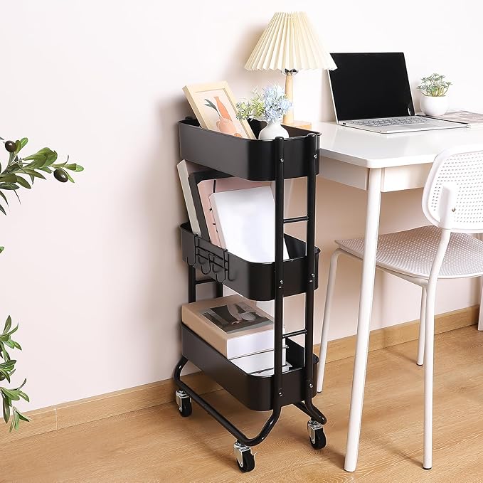 MAX Houser Slim 3-Tier Rolling Utility Cart with Extra Hook, Black | Narrow Metal Bathroom Storage Multifunctional Organizer Carts with Wheels with Extra Hook, Laundry Room,Kitchen,Small Space - Image 5