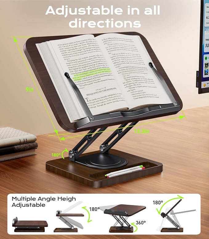 LOXP Ergonomic Book Stand for Reading, 360° Rotating Holder with Page Clip | Adjustable height angle, Storage Base, Hands-free, anti-slip, Fits tablets cookbooks magazines laptops, wood and metal - Image 7