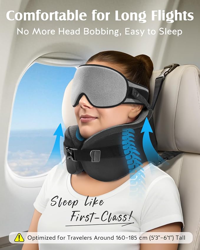 YFONG Travel Pillow with Head Support & Sleep Mask for Long Flights, Grey | Patented 360° Support System, Prevents Bobbing, Airplane Head Strap, 3D Eye Mask, Memory Foam Neck Pillow, Travel Essential - Image 2
