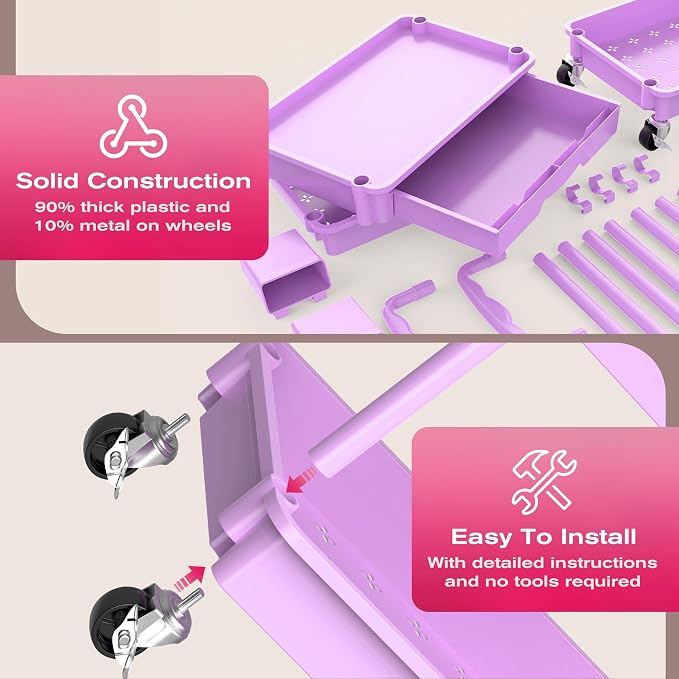 Goovilla Rolling Makeup Organizer Cart with Removable Drawer, 3 Tier Purple | Stable Floor Skincare Storage Cart for Vanity, Cosmetic Display, Nail Polish, Perfume, Hair Stuff, Beauty, Bathroom(Plastic) - Image 4