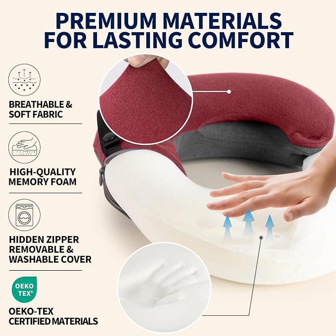 Kids Travel Pillows for Airplane, Memory Foam 360° Head Support Sleeping Essentials for Long Flight, Skin-Friendly Soft Neck Pillow for Traveling in Car Seat, (Small, Red Grey, 40-90 lbs) - Image 4