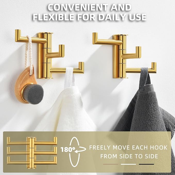 Angle Simple Towel Hooks, Swivel Bathroom Hook, Brushed Dark Gold, 2 Pack | SUS304 Stainless Steel, Folding 3 Arms, Kitchen Hand Towel Dishcloth Holder, Space Saver Fits Narrow Spot, Screws Mounted - Image 7