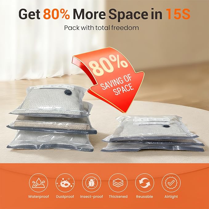 15 Pack Vacuum Storage Bags with Electric Pump for Travel Luggage Clothes | Travel compression space saver vacuum seal bags for closet storage, portable electric pump included for suitcase packing - Image 5