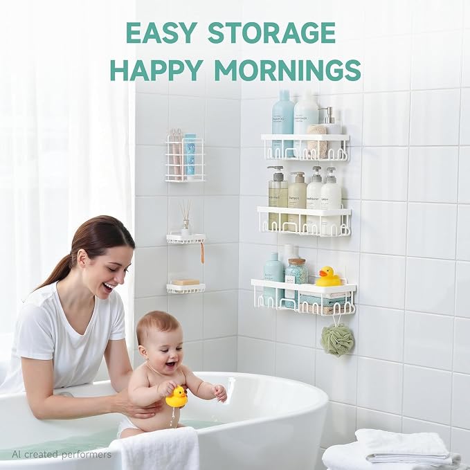 Veken 6-Pack Rustproof&Waterproof Shower Caddy, Adhesive Shelves Rack with Soap Holder, Large Bathroom & Washroom Organizer, No Drilling Wall-Mounted Kitchen&Home Decor,Ideal for Bathtub Storage,White - Image 4