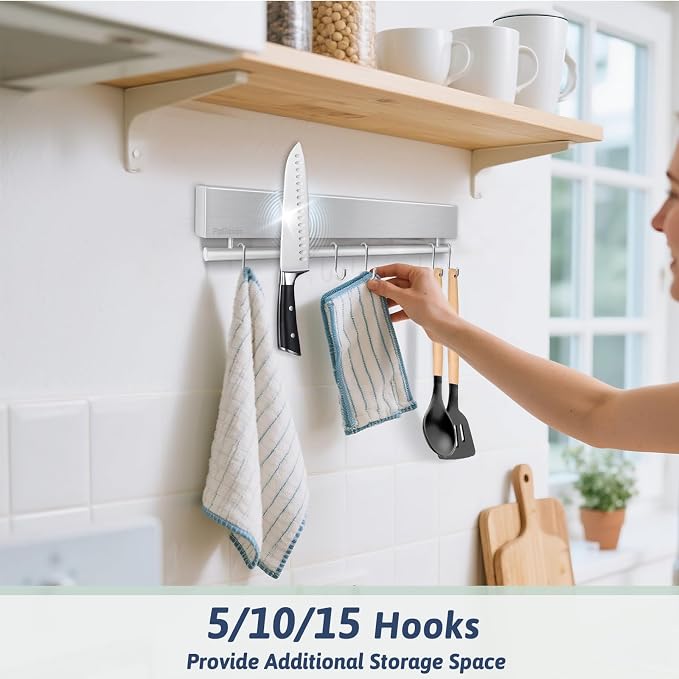12 Inch Magnetic Knife Holder for Wall - Stainless Steel Magnet Knife Strip No Drill with 5 Hooks/Adhesive Tape/Screws, Kitchen Utensil Holder, Magnetic Knife Organizer, Wall Mounted Knife Storage - Image 3
