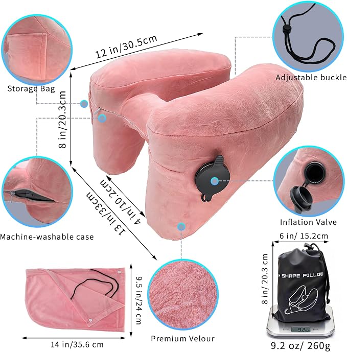 H-Shaped Travel Pillow with Snap-On Hood – Ergonomic Neck Support with Plush Velvet Cover, Instant Inflation & Compact Bag – for Airplane, Car, Office & Long Trips (Pink) - Image 5