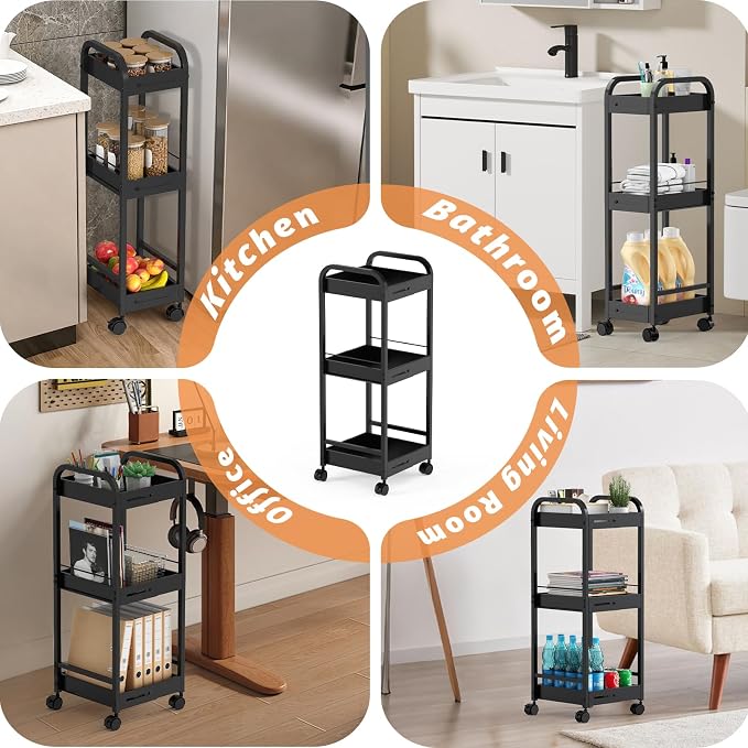 Expandable 3-Tier Metal Slim Rolling Storage Cart with Wheels | Adjustable Length Narrow Heavy Duty Rolling Cart, 4 Wheels (2 Lock), for Bathroom, Kitchen, Laundry & Small Spaces - Image 7