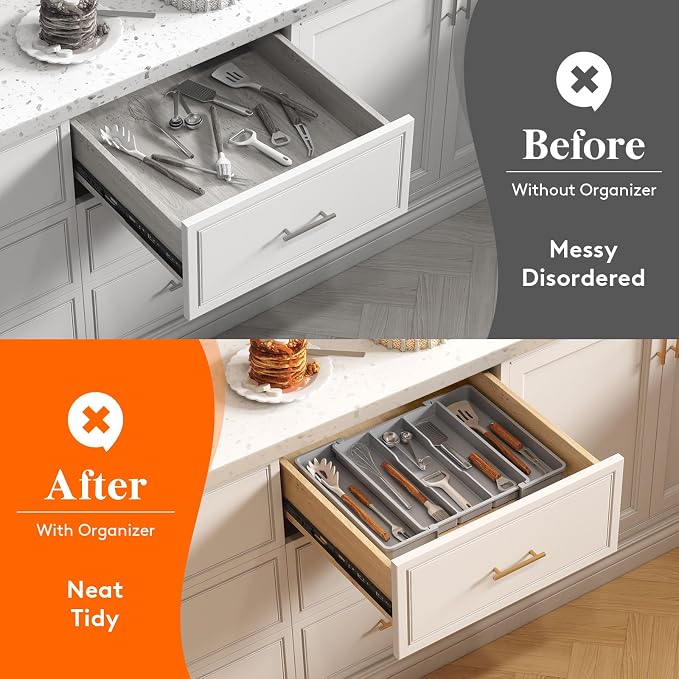 Lifewit Utensil Organizer for Kitchen Drawers, Expandable Utensil Tray | Adjustable Cooking Cutlery Silverware Flatware Holder, Plastic Spatula Tools Storage Divider, 11-18 x 14", Gray - Image 7