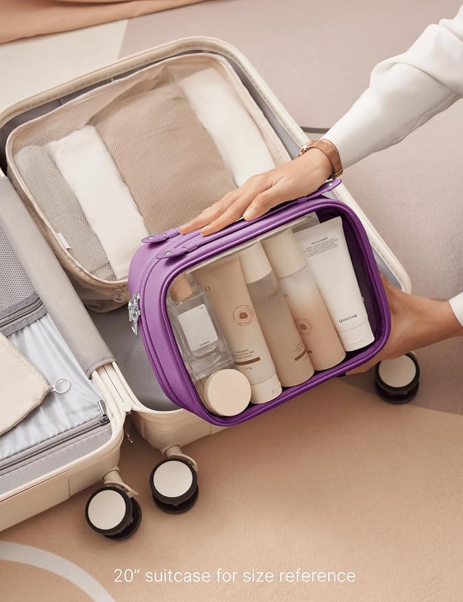 Clear Cosmetic Bag Double Layer Travel Toiletry Bag Clear Makeup Bag Case with 4 Compartments, Transparent Travel Bag for Toiletries, Large Toiletry Bag for Women Cosmetic Case (Purple, Large) - Image 8