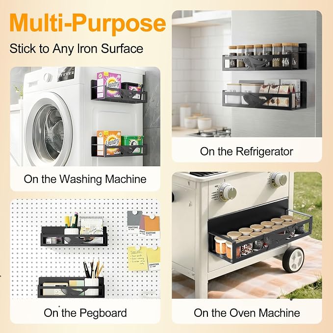 Magnetic Spice Rack for Refrigerator, 2 Pack Metal Magnetic Shelf Organizer for Fridge Side, Strong Spice Storage Rack for Kitchen, Black - Image 6