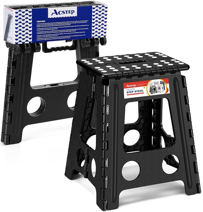 16 Inch Folding Step Stool, Heavy Duty, 400 lbs, Black | Lightweight Collapsible Stepping Stool for Adults with Handle, Non-Slip, for Kitchen, Bathroom, Bedroom and Outdoor Use by ACSTEP