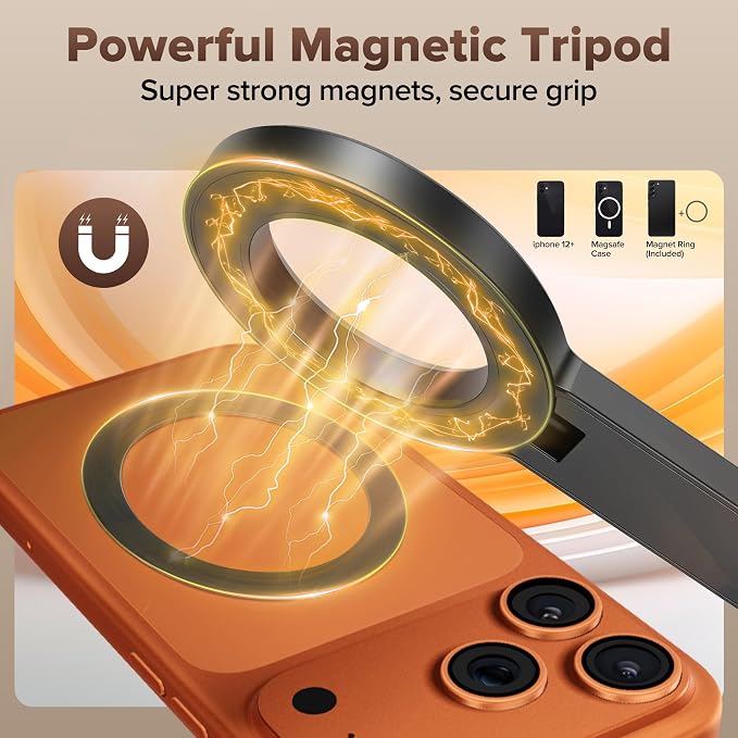 64" Magnetic Tripod for Phone, Auto-Open Tripod with 360° Rotatable | Phone Stand with Metal Ring & Rechargeable Remote for iPhone/Android Photography/Vlogging - Image 4