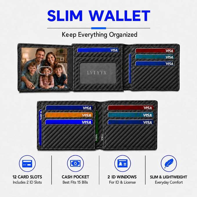 Wallet for Men Slim RFID Blocking Genuine Leather Bifold Mens Wallet | Front Pocket Credit Card Holder with 2 ID Windows, Holds 12 Cards & Cash Minimalist Thin Wallet, Gifts for Men - Image 4