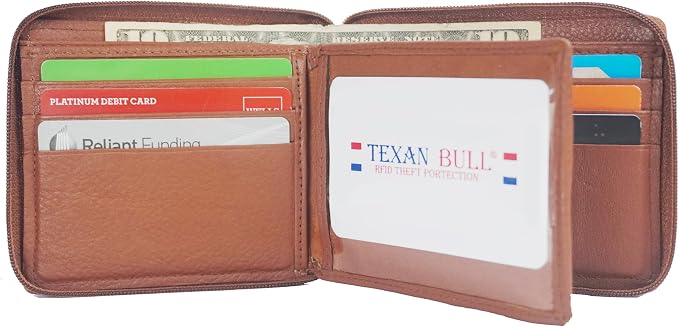 RFID Blocking Bifold Cowhide Leather Wallets For Men With Zipper Security | Safe Metal Zip Chain 9 Card-ID Slim Minimalist Mens Wallet (Tan) - Image 2
