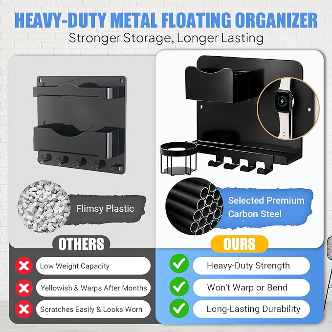 Metal Bedside Wall Shelf, No Drill Floating Bedside Shelf Wall Organizer | Bedside Wall Shelf with Detachable Cup Holder for Bedroom, Dorm, Nightstand Alternative, Bunk Bed Accessories & RV Storage - Image 3