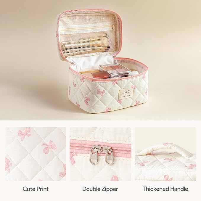 HBselect Quilted Makeup Bag, 3Pcs Cotton Large Travel Makeup Bags Organizer | Cute Floral Make up Bag Cosmetic Bag Toiletry Bag for Women Girls, Makeup Pouch for Skincare, Brushes & Travel Essentials - Image 3
