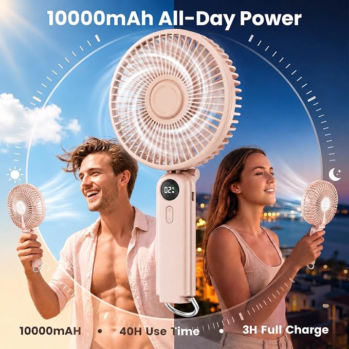 Portable Handheld Fan, 10000mAh Rechargeable 6-Inch Personal Fan for Travel | Ultra Quiet Foldable Desk Fan, 5-Speed Battery Operated Fan with Up to 40H Runtime and Digital Display for Travel and Makeup - Image 4