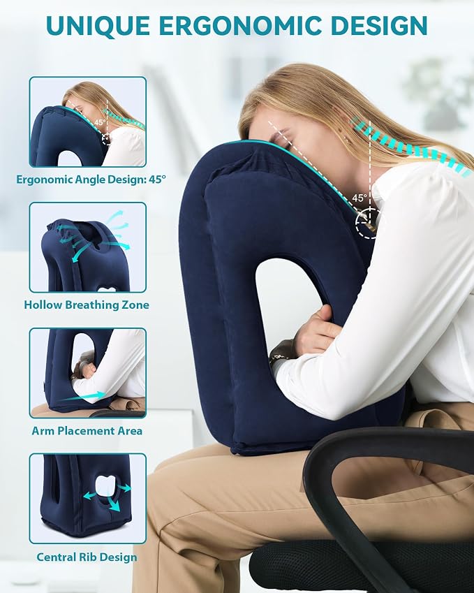 Inflatable Travel Pillow, Airplane Neck Pillow Comfortably Supports Head and Chin for Airplanes, Trains, Cars and Office Napping with 3D Eye Mask, Earplugs and Portable Drawstring Bag (Blue) - Image 2